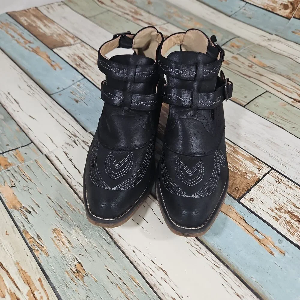 ROPER Willa Size 8.5 Black Embroidered Western Cowgirl Booties,  Double Buckle